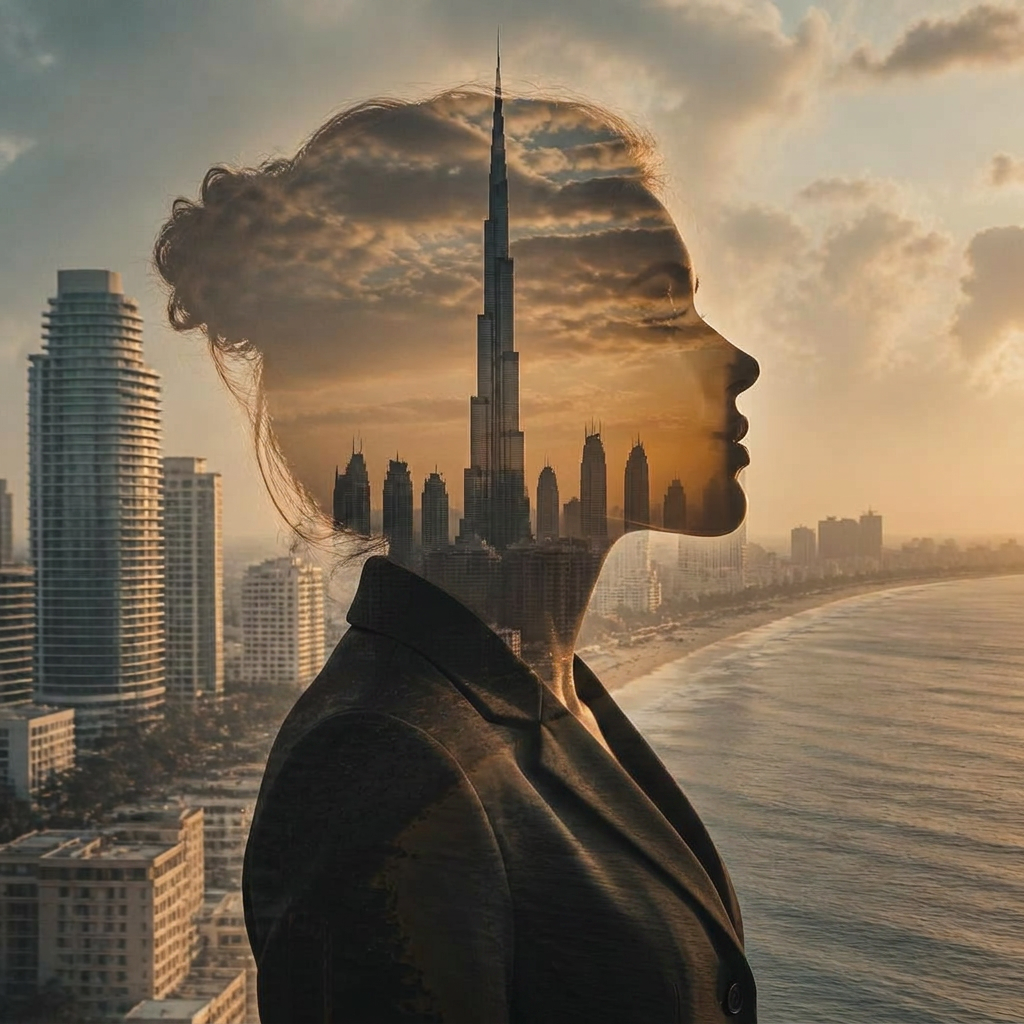 Cinematic double exposure of Dubai and Miami skylines at dusk